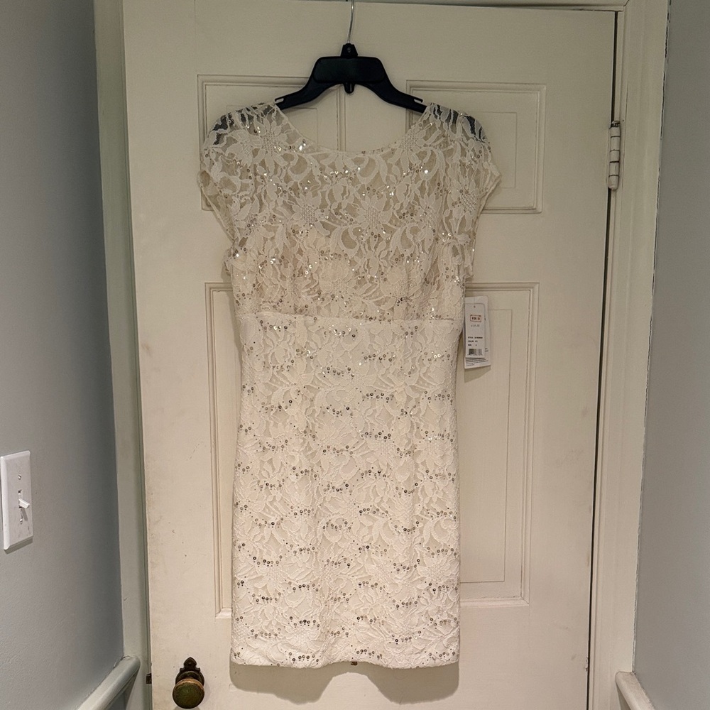 Adrianna Papell One Shoulder Lace Dress in Cream